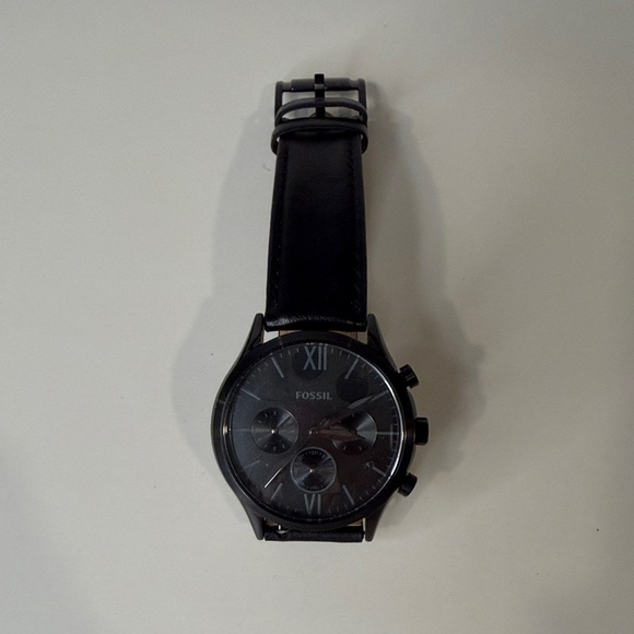 Fossil Black Chronograph Watch With Black Leather Strap
